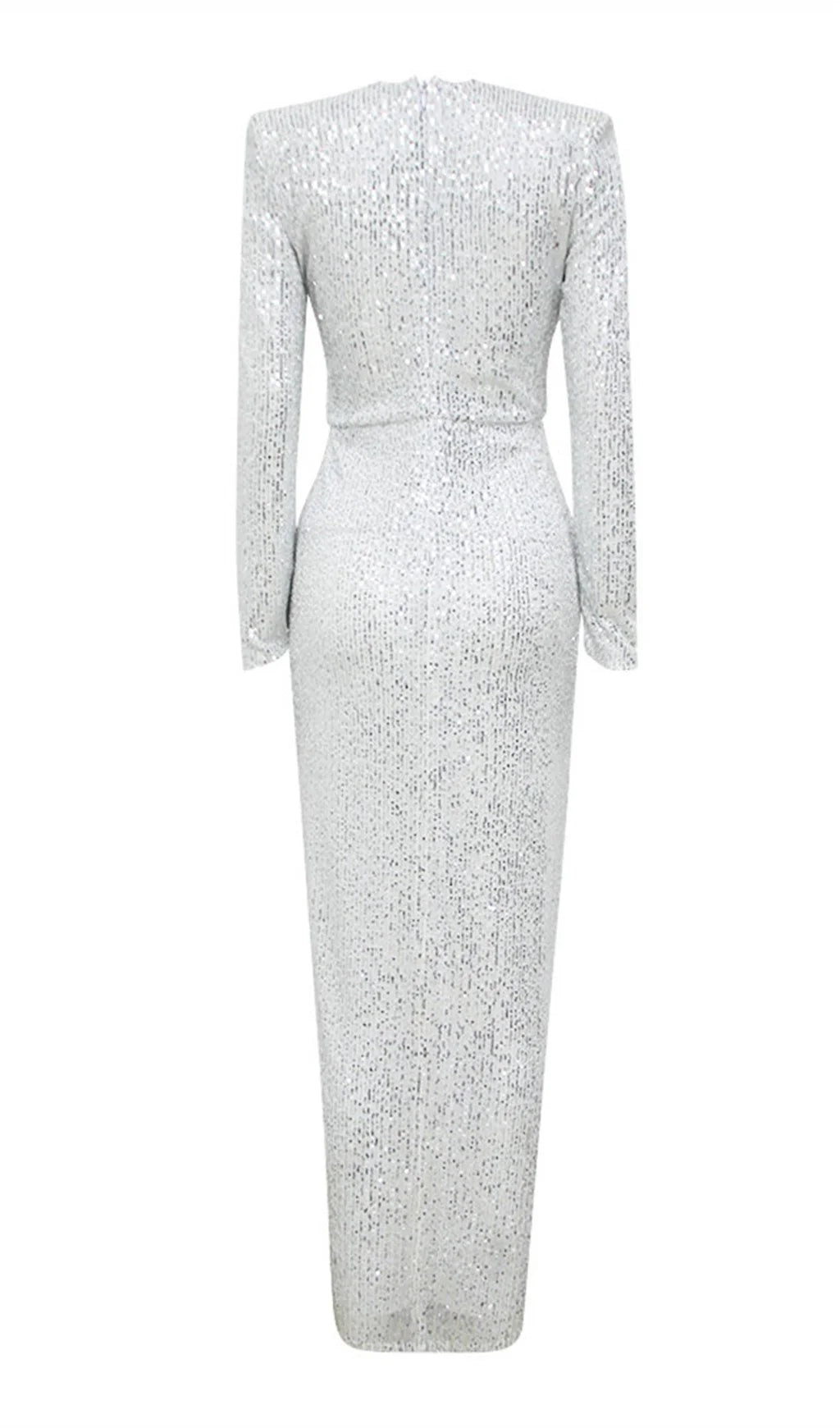 Silver Sequined V-neck Long Prom Dress