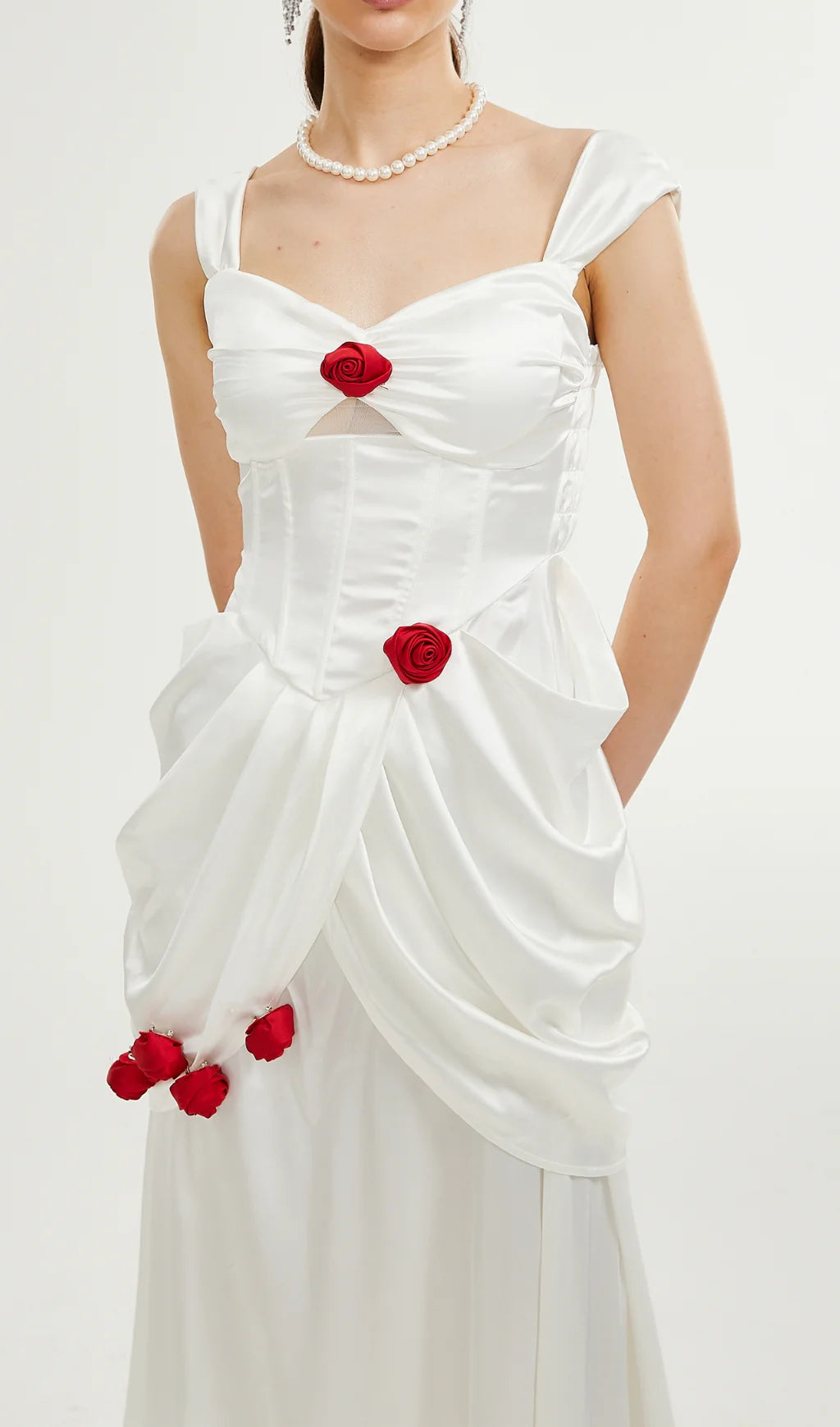 Rose Flower Suspender Pleated Prom Dress