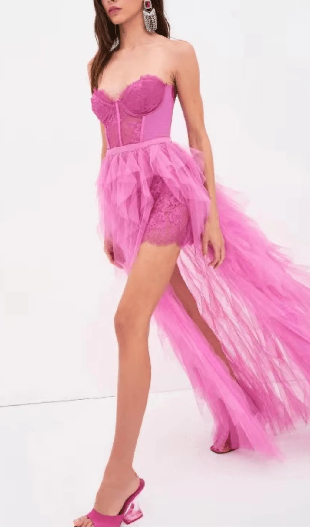 Pink Strapless Lace Patchwork Mesh Prom Dress