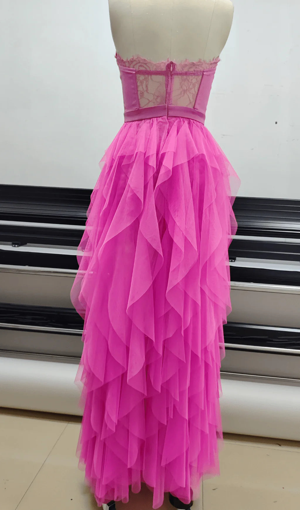 Pink Strapless Lace Patchwork Mesh Prom Dress
