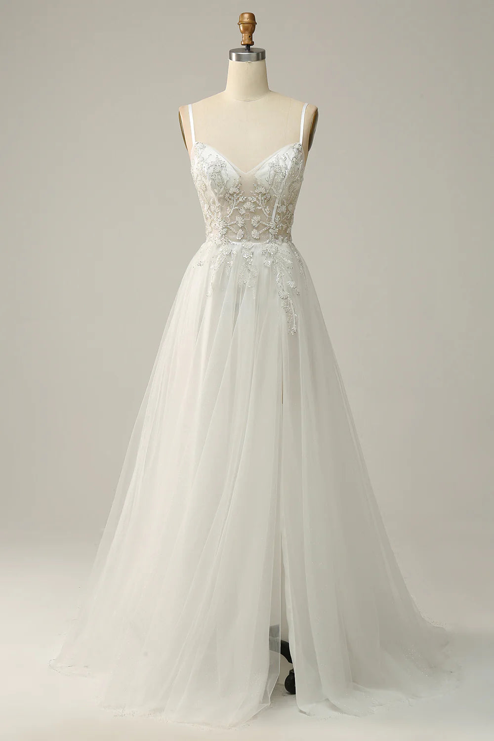A Line Spaghetti Straps White Tulle Prom Dress With Beading