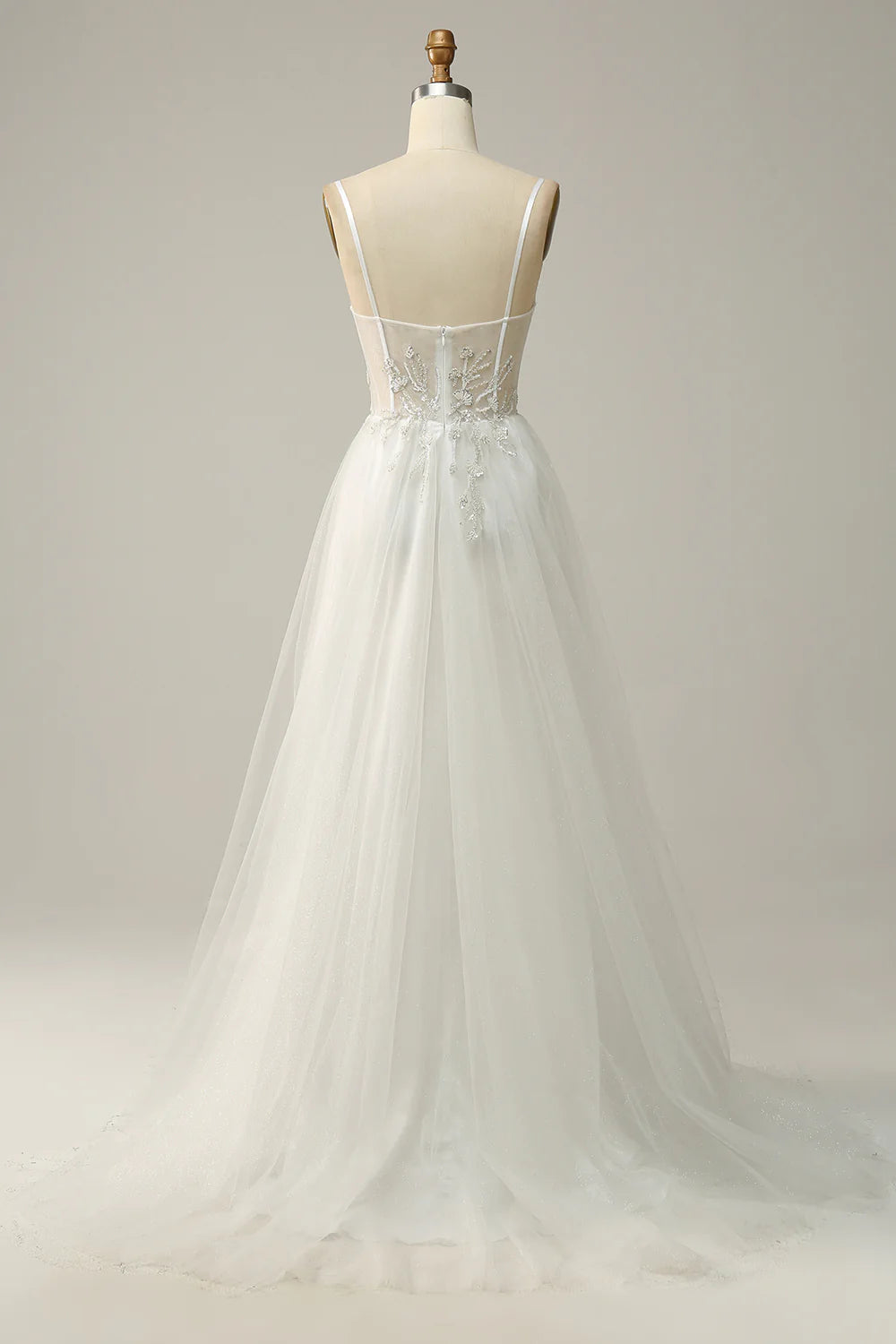 A Line Spaghetti Straps White Tulle Prom Dress With Beading