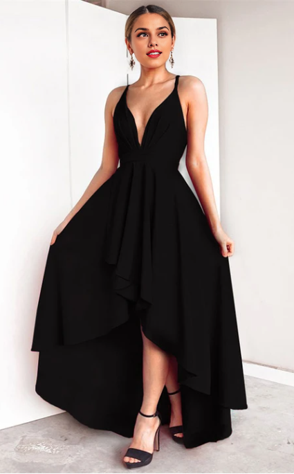 Weitese Dress Black High-Low Sexy A Line Plunging Neck Evening Dress Prom Dress Formal Wear Dresses