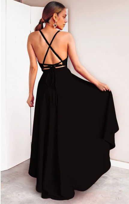 Weitese Dress Black High-Low Sexy A Line Plunging Neck Evening Dress Prom Dress Formal Wear Dresses