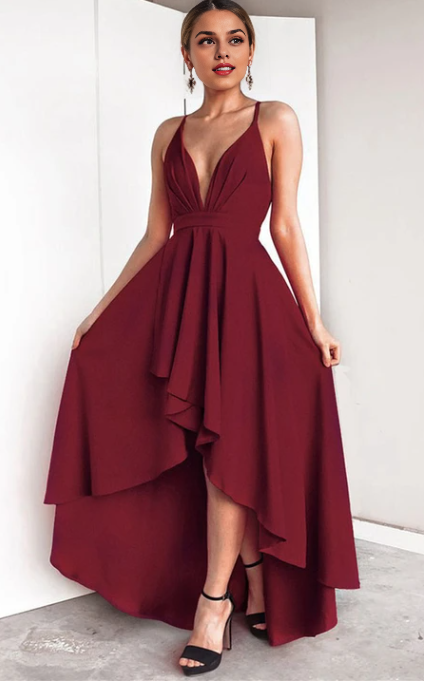 Weitese Dress Black High-Low Sexy A Line Plunging Neck Evening Dress Prom Dress Formal Wear Dresses