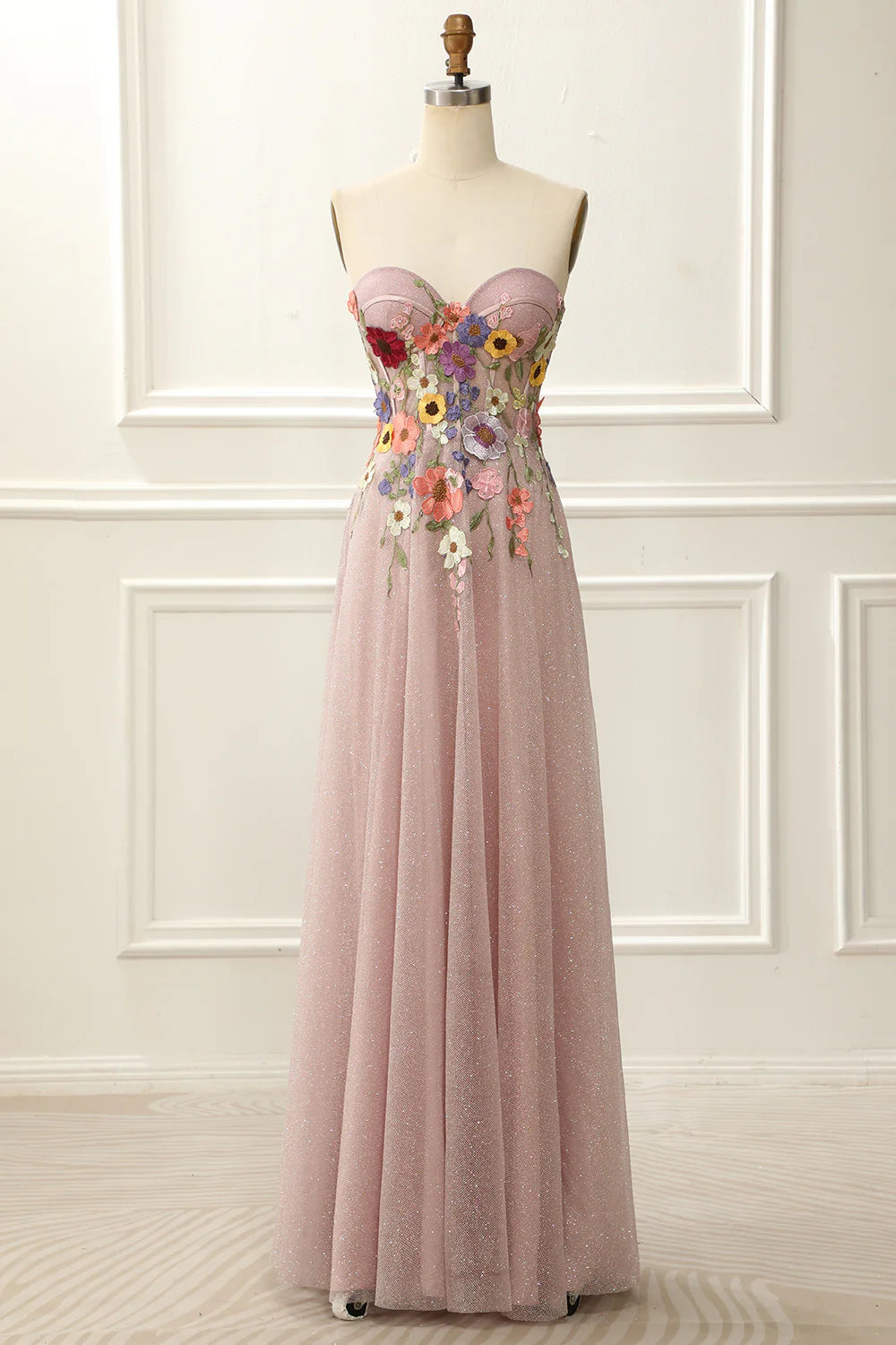 Robe de bal Weitese sans bretelles, blush scintillante, avec fleurs 3D
