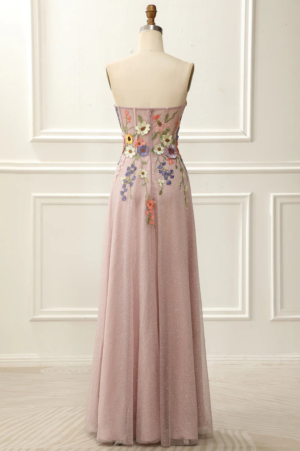 Weitese Dress Strapless Blush Sparkly Prom Dress With 3D Flowers