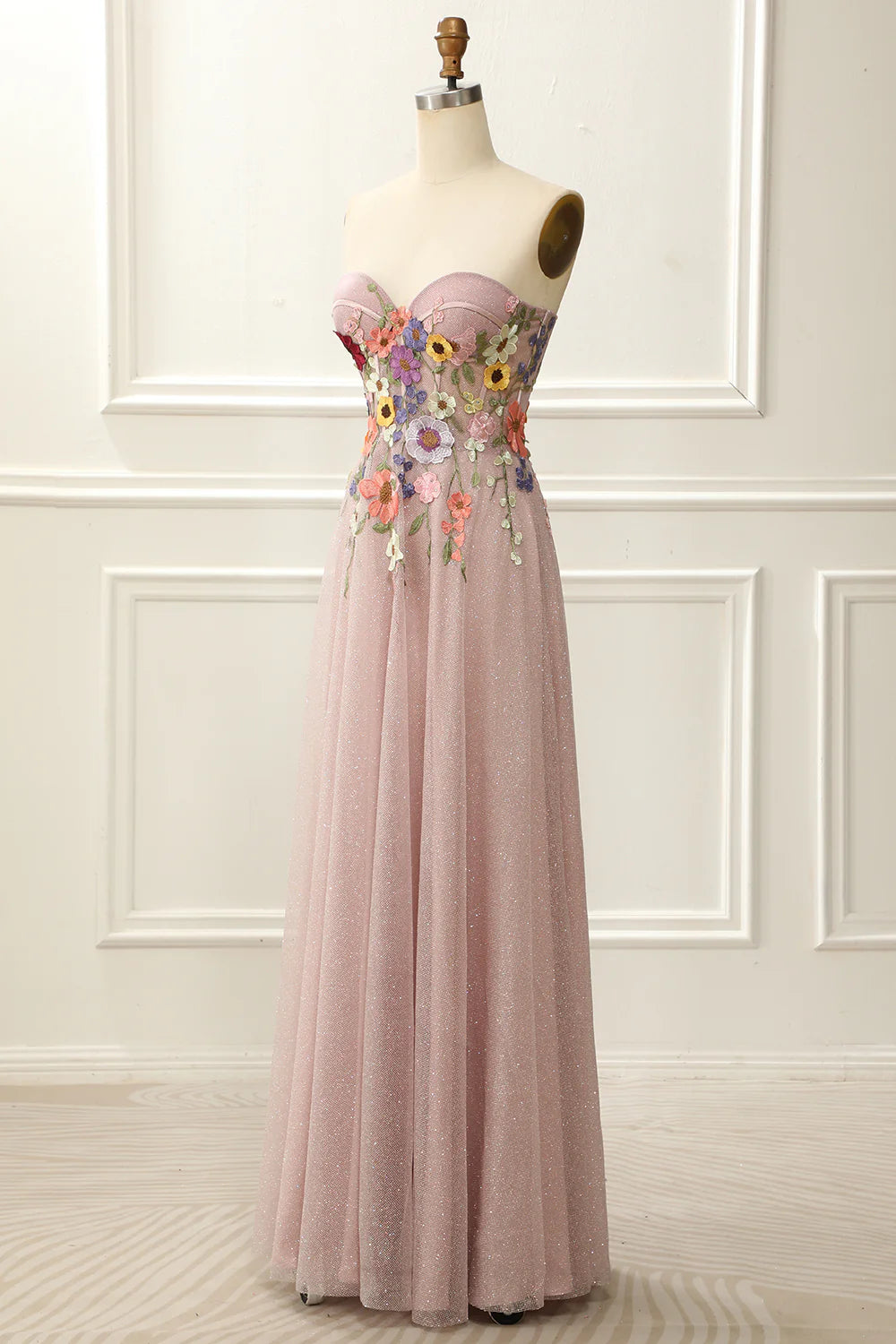 Weitese Dress Strapless Blush Sparkly Prom Dress With 3D Flowers