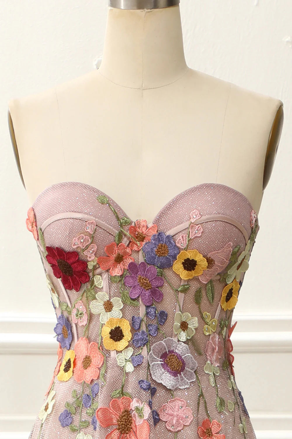 Weitese Dress Strapless Blush Sparkly Prom Dress With 3D Flowers