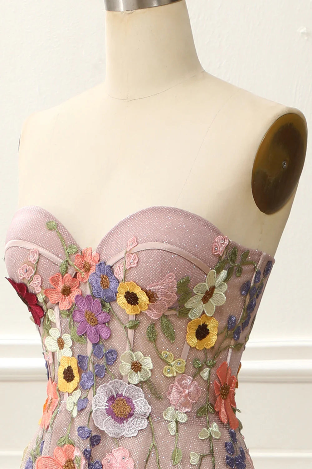 Weitese Dress Strapless Blush Sparkly Prom Dress With 3D Flowers