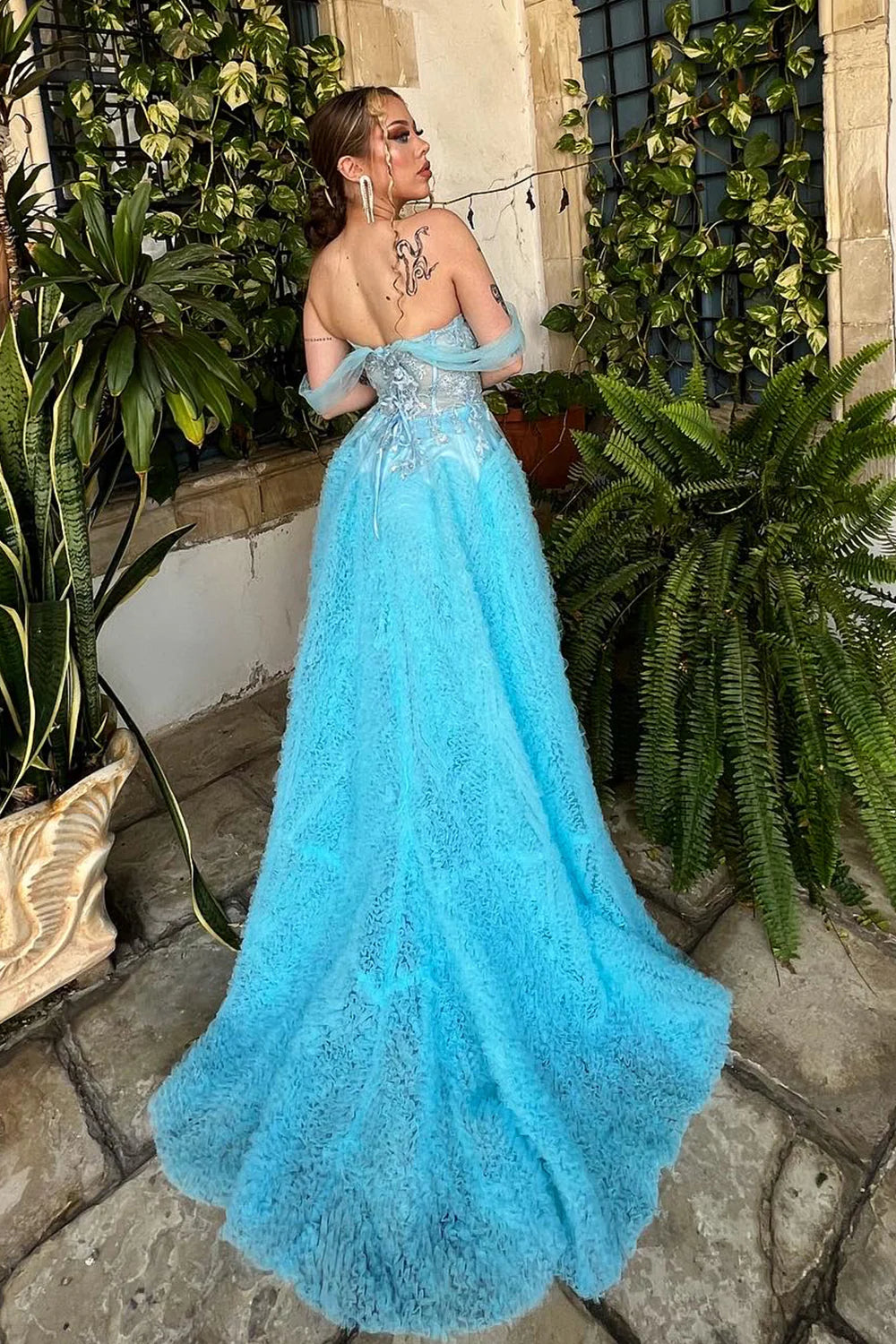 Blue Off The Shoulder A Line Princess Corset Prom Dress With Slit