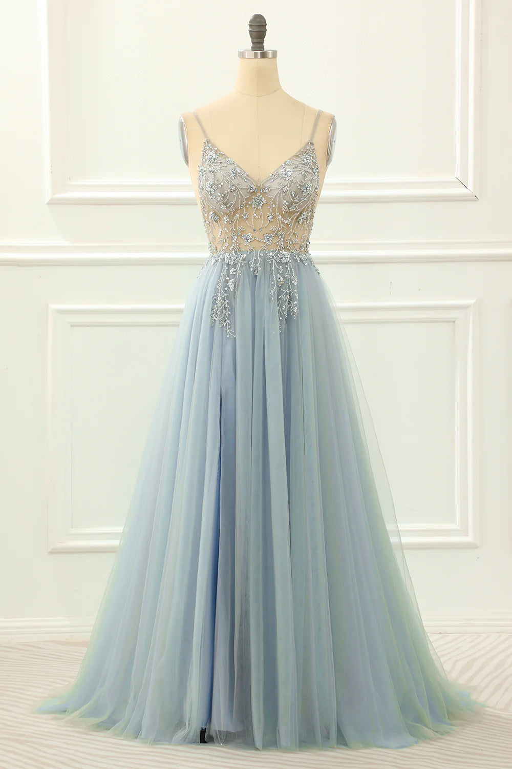 Beading Tulle A Line Sparkly Blue Prom Dress