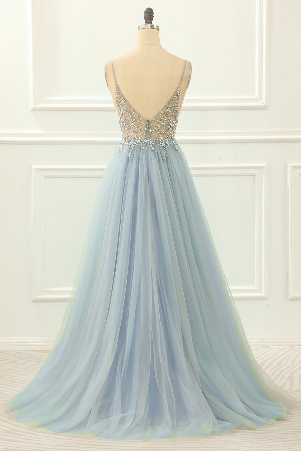 Beading Tulle A Line Sparkly Blue Prom Dress