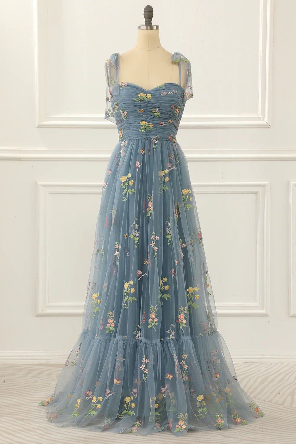 Tulle A Line Grey Blue Prom Dress With Embroidered