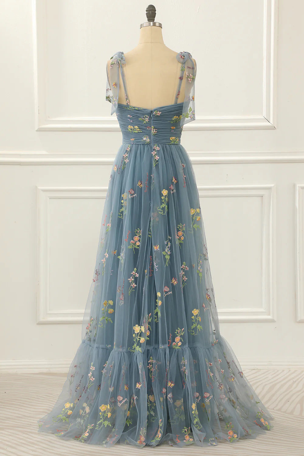 Tulle A Line Grey Blue Prom Dress With Embroidered