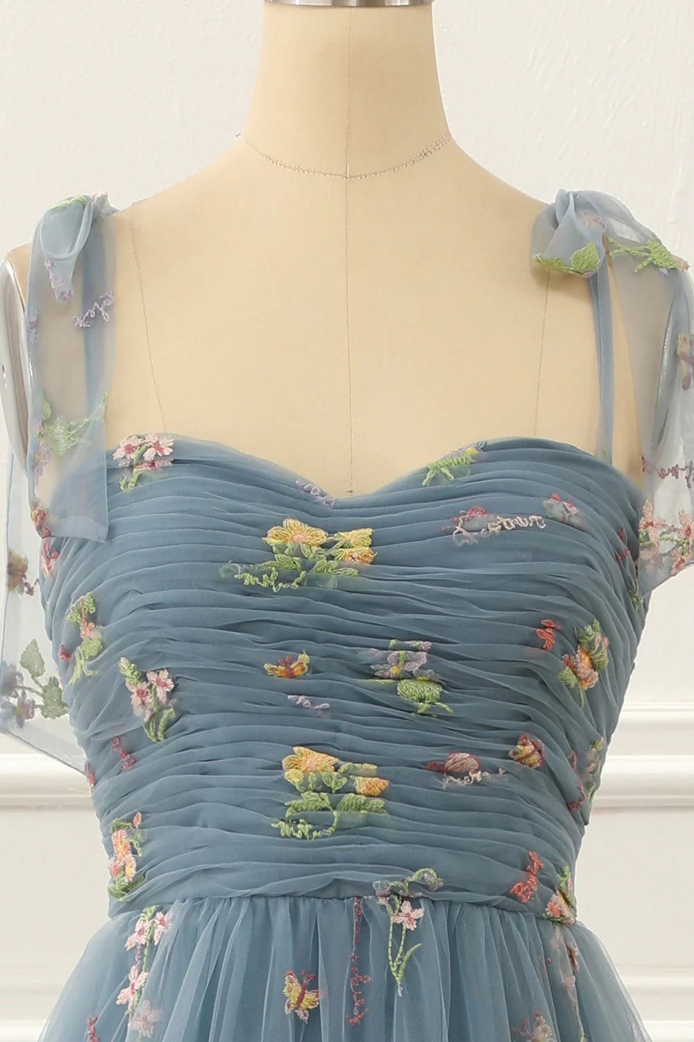 Tulle A Line Grey Blue Prom Dress With Embroidered