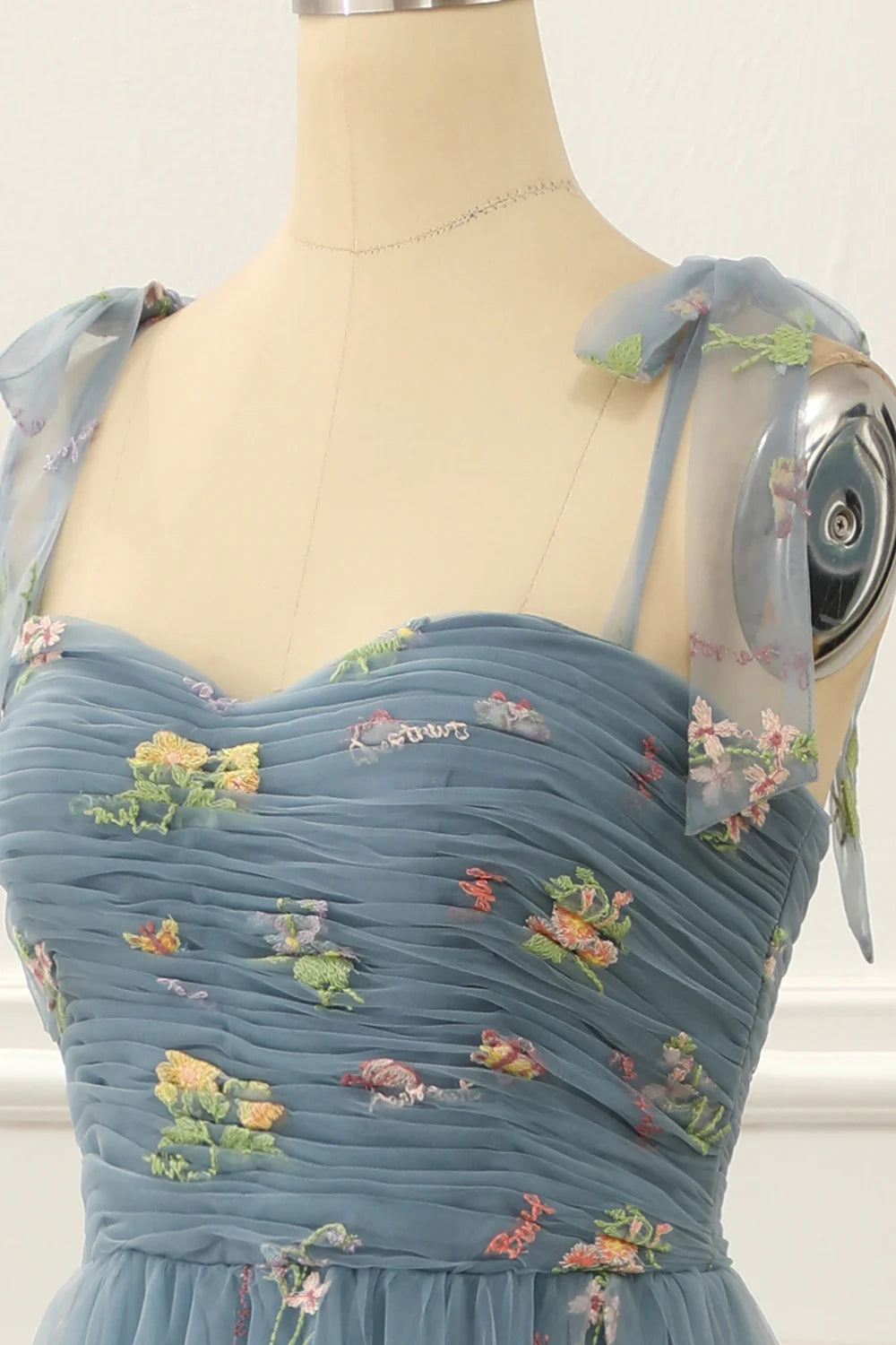 Tulle A Line Grey Blue Prom Dress With Embroidered