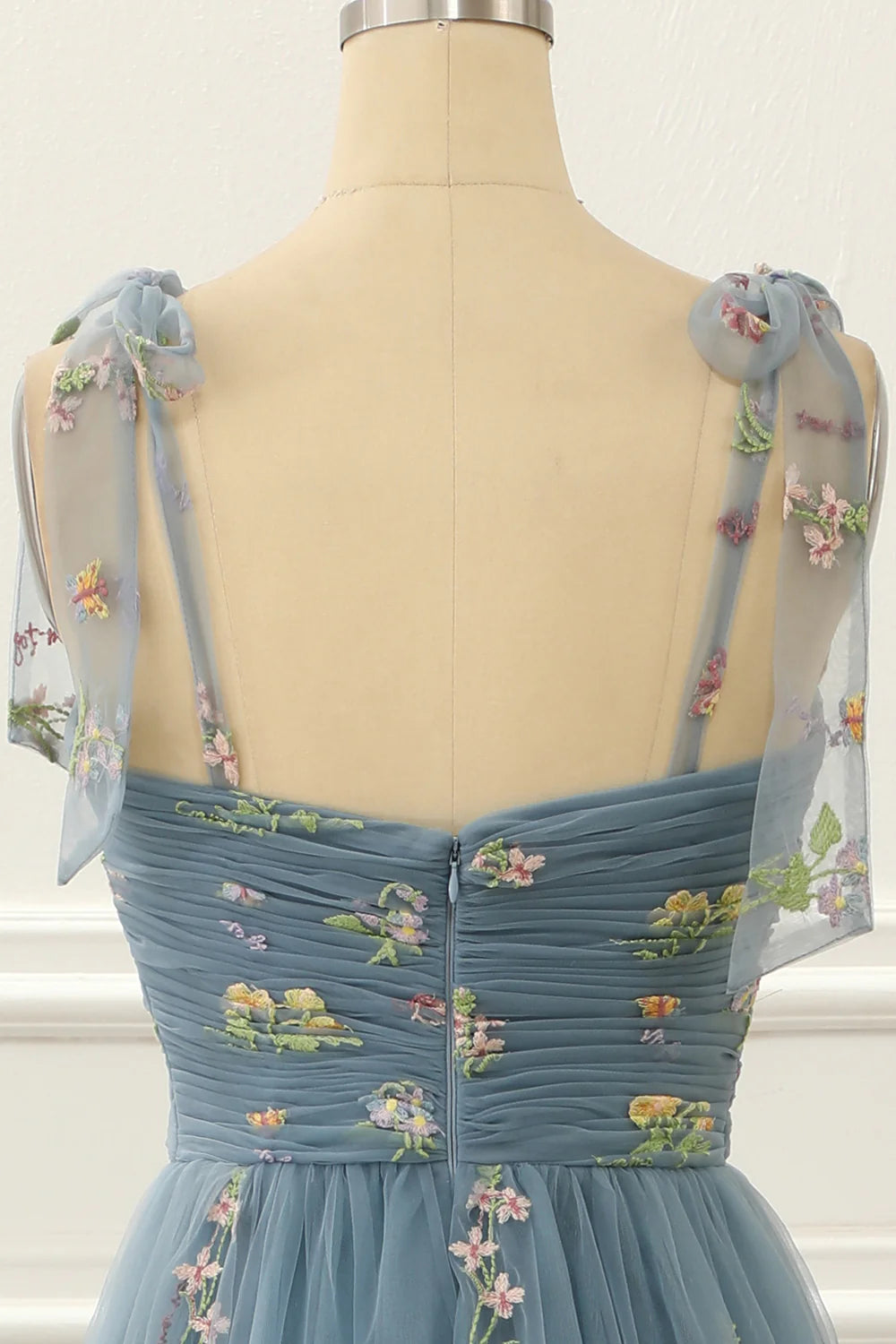 Tulle A Line Grey Blue Prom Dress With Embroidered