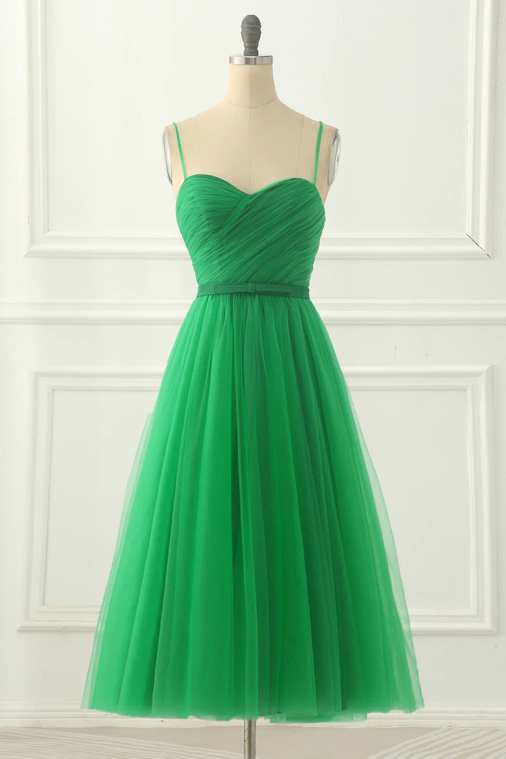 Spaghetti Straps Tulle Green Prom Dress With Sash