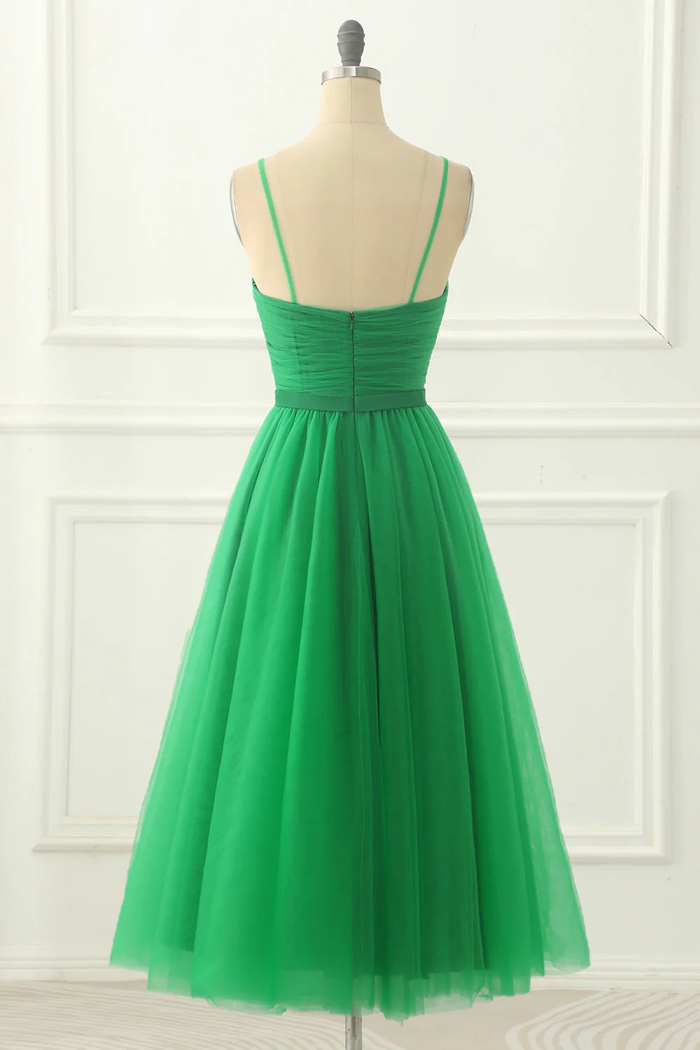 Spaghetti Straps Tulle Green Prom Dress With Sash