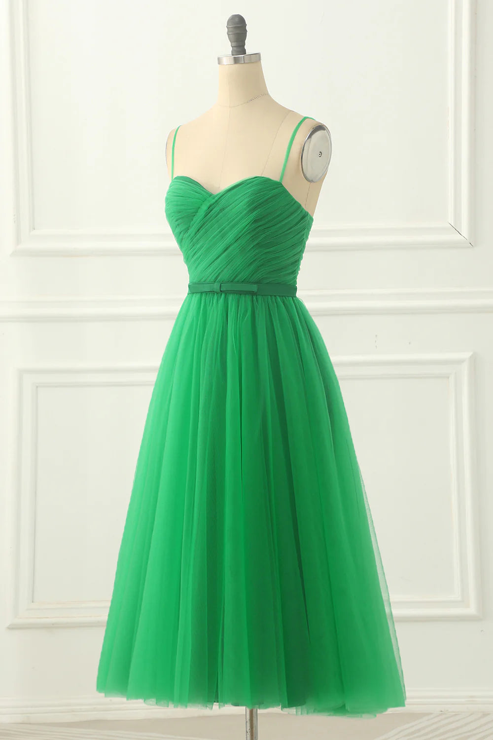 Spaghetti Straps Tulle Green Prom Dress With Sash