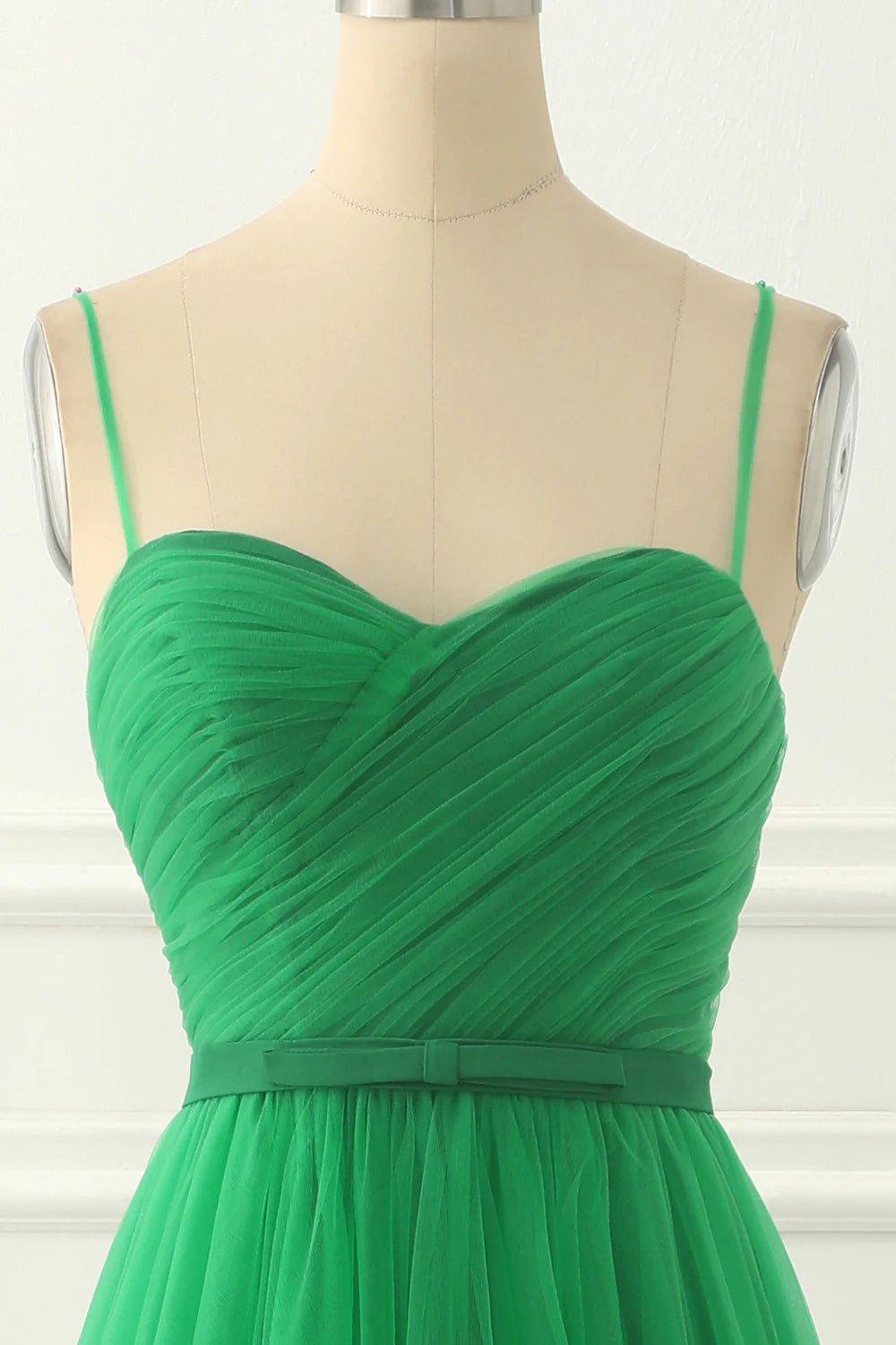 Spaghetti Straps Tulle Green Prom Dress With Sash
