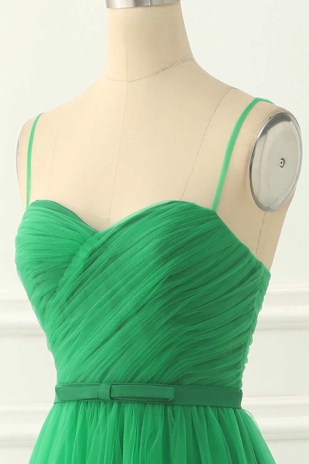 Spaghetti Straps Tulle Green Prom Dress With Sash