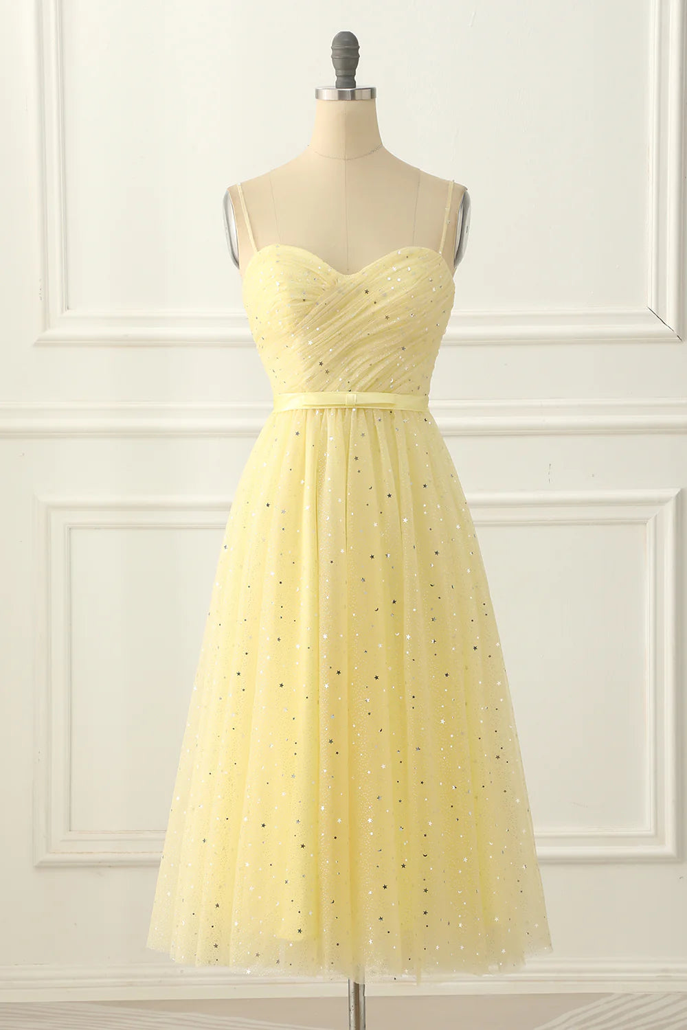 Tulle Spaghetti Straps Midi Sparkly  Yellow Prom Dress