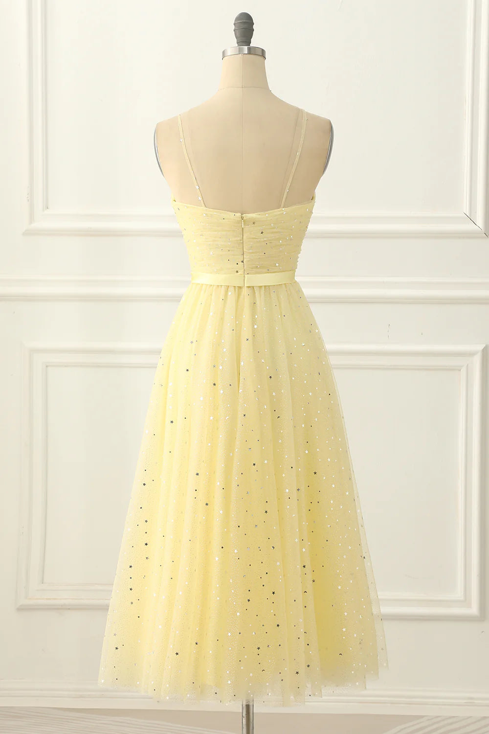 Tulle Spaghetti Straps Midi Sparkly  Yellow Prom Dress