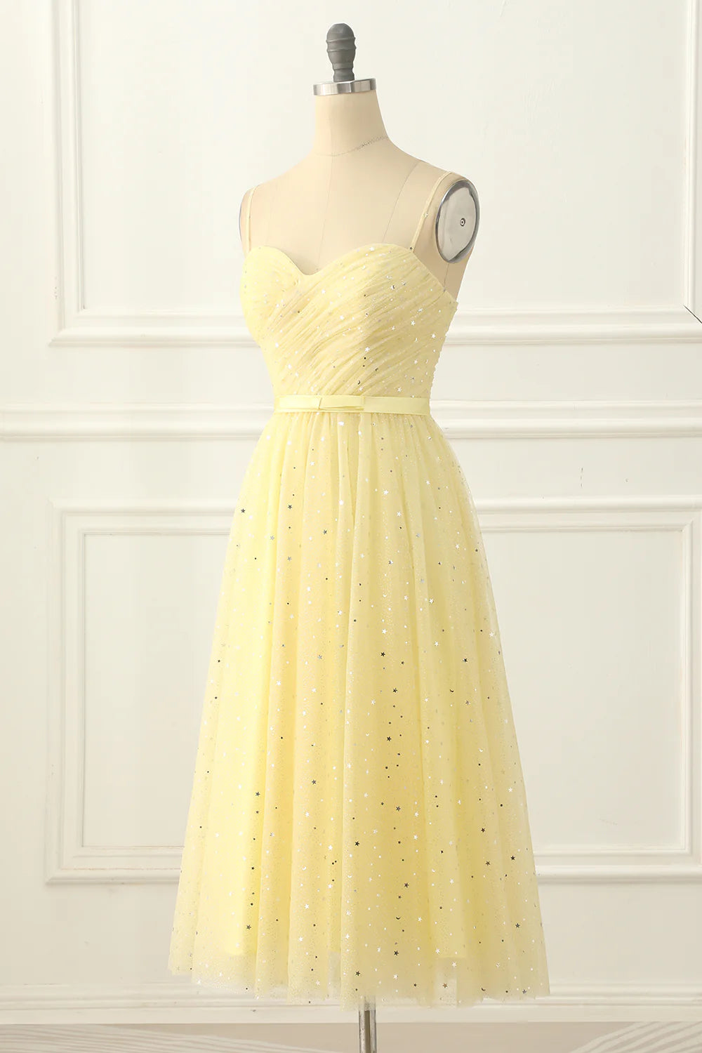 Tulle Spaghetti Straps Midi Sparkly  Yellow Prom Dress
