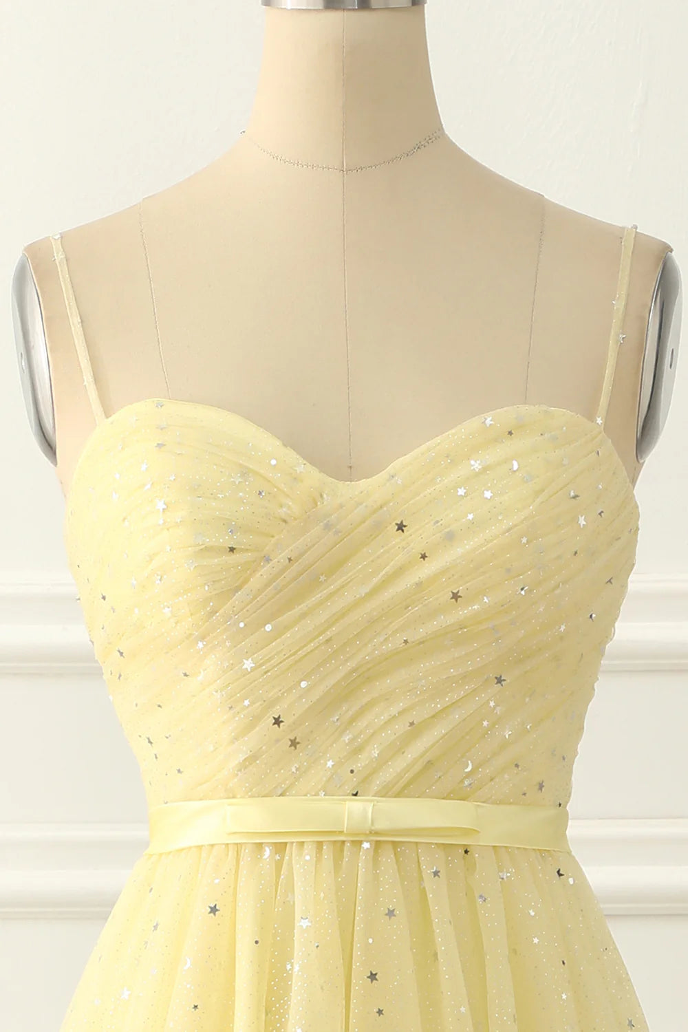 Tulle Spaghetti Straps Midi Sparkly  Yellow Prom Dress