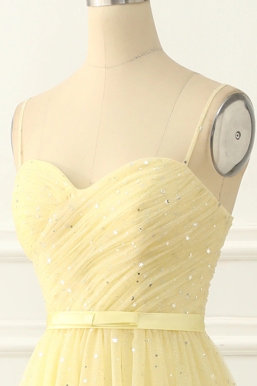 Tulle Spaghetti Straps Midi Sparkly  Yellow Prom Dress
