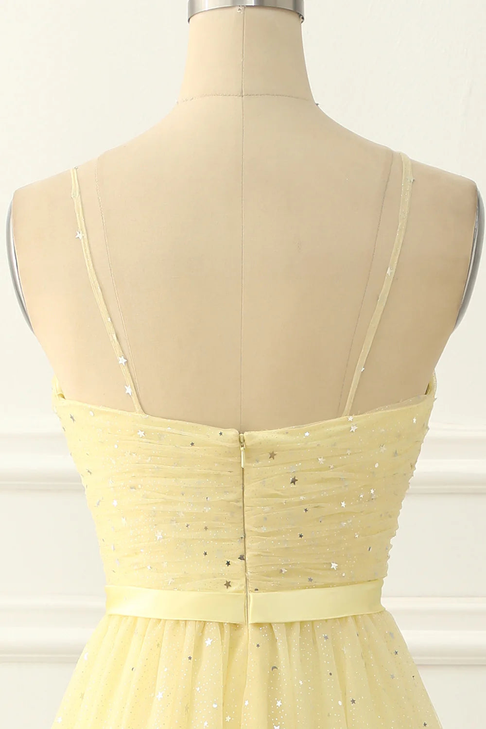 Tulle Spaghetti Straps Midi Sparkly  Yellow Prom Dress