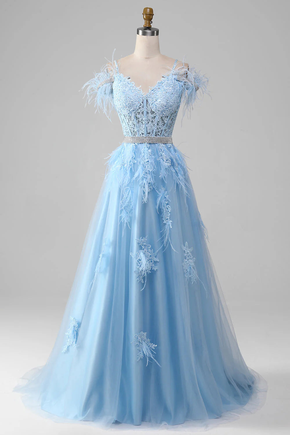 Robe de bal trapèze bleu clair avec corset et strass et appliques
