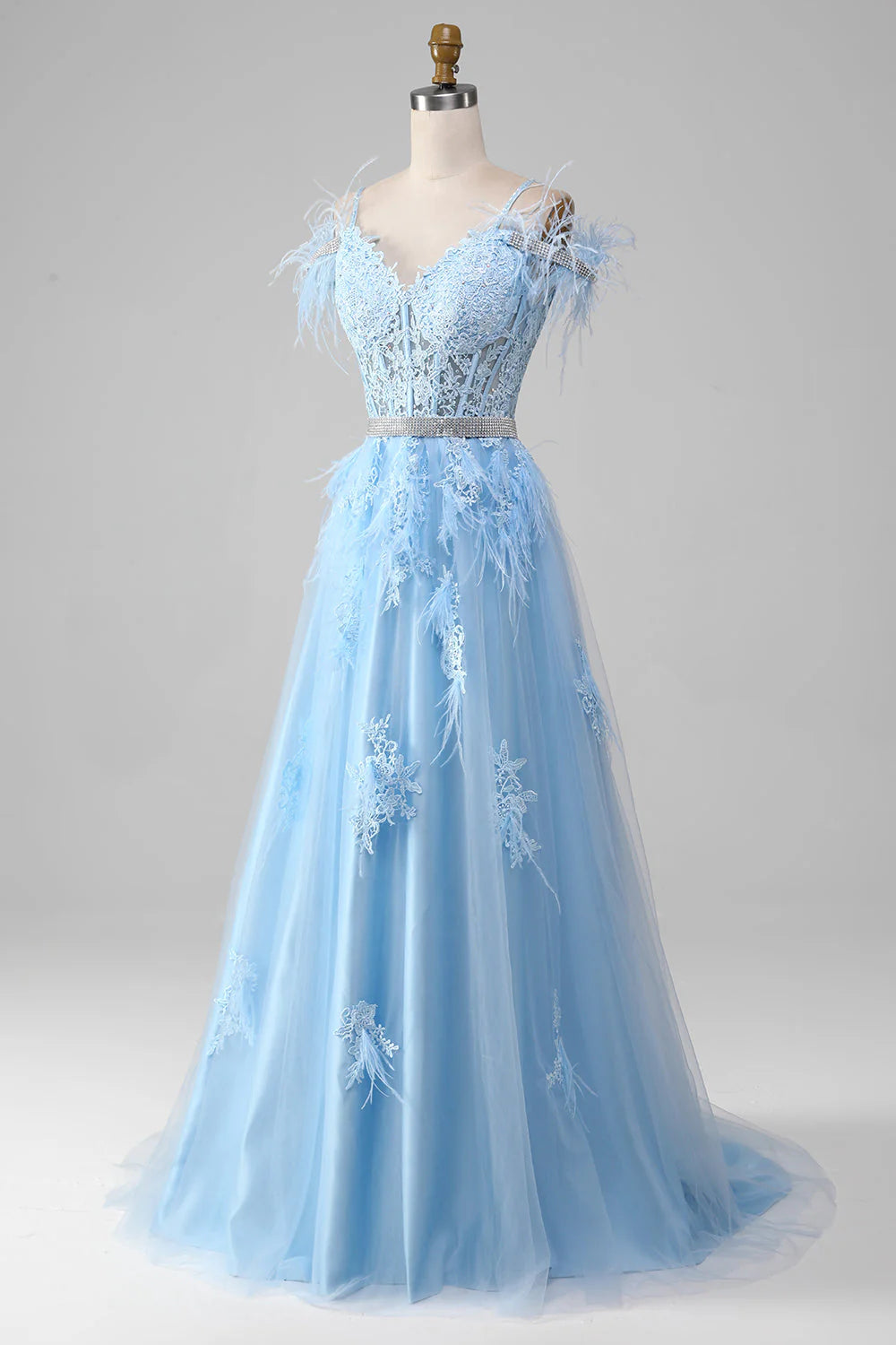 Robe de bal trapèze bleu clair avec corset et strass et appliques