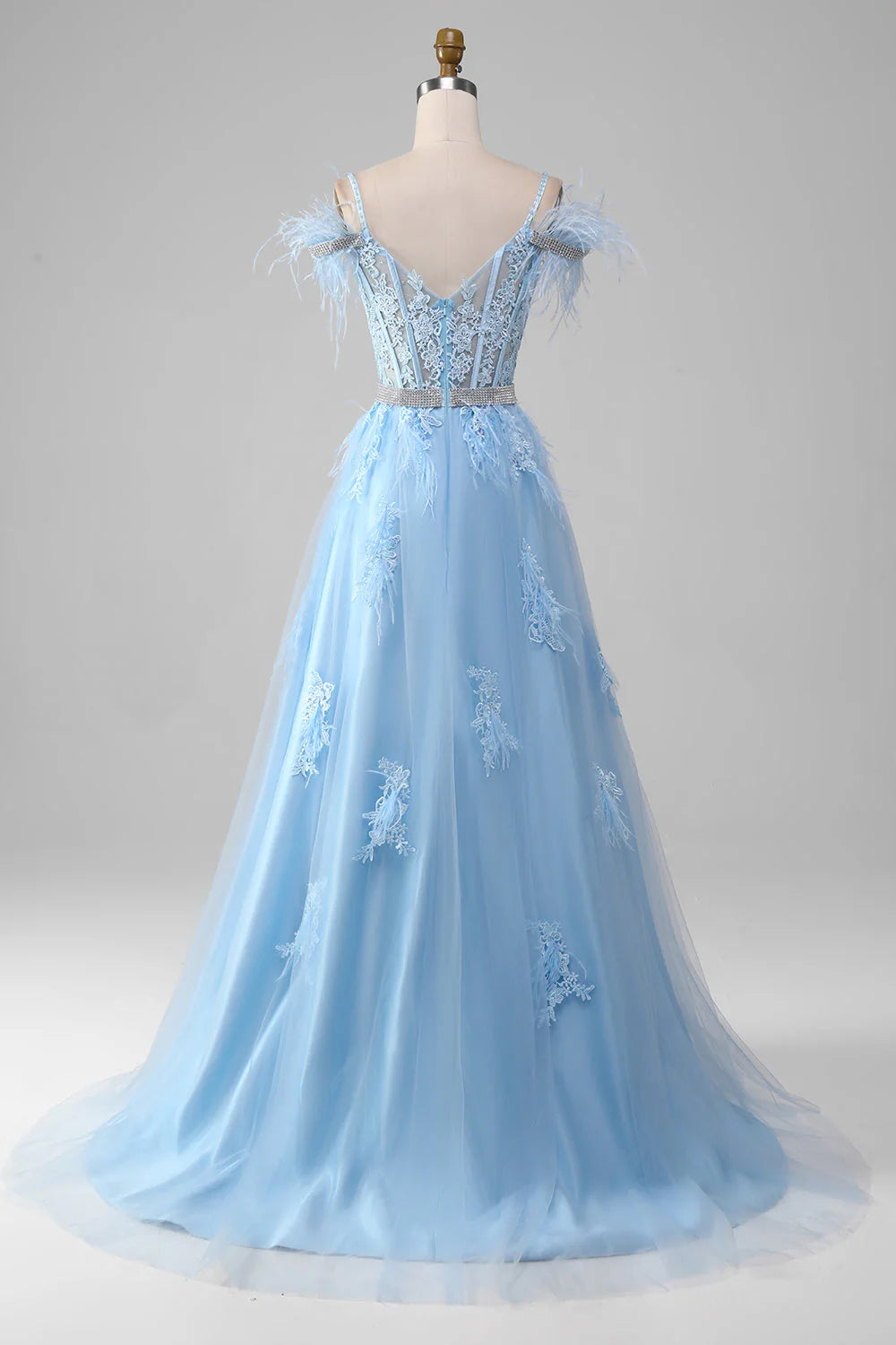 Robe de bal trapèze bleu clair avec corset et strass et appliques