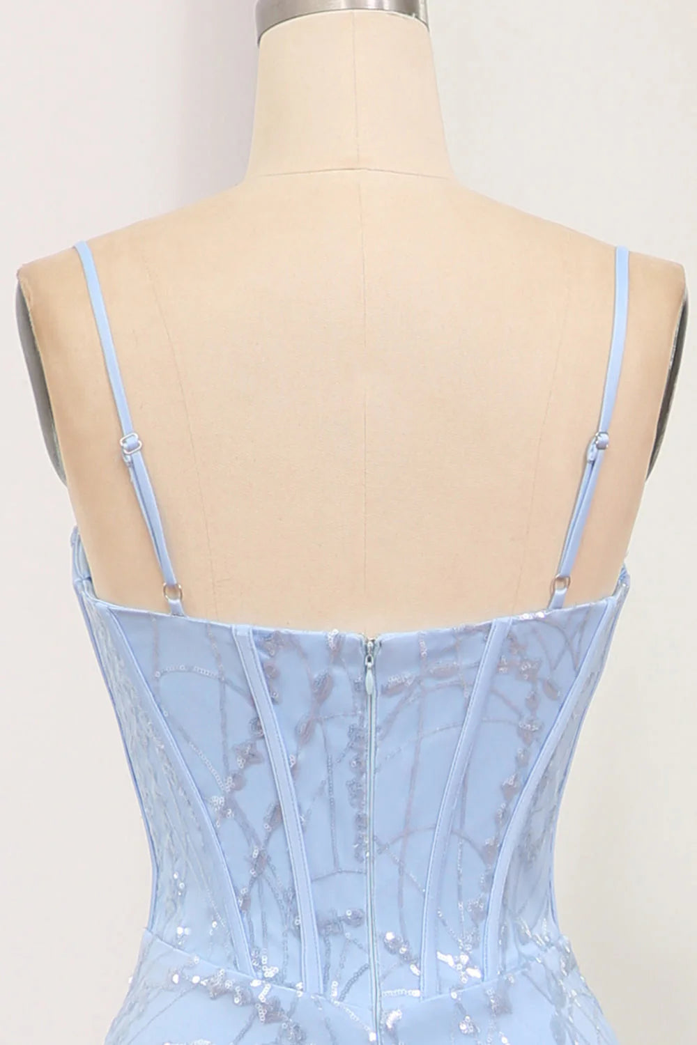 Vestido de fiesta largo de sirena con purpurina azul claro y apliques de lentejuelas