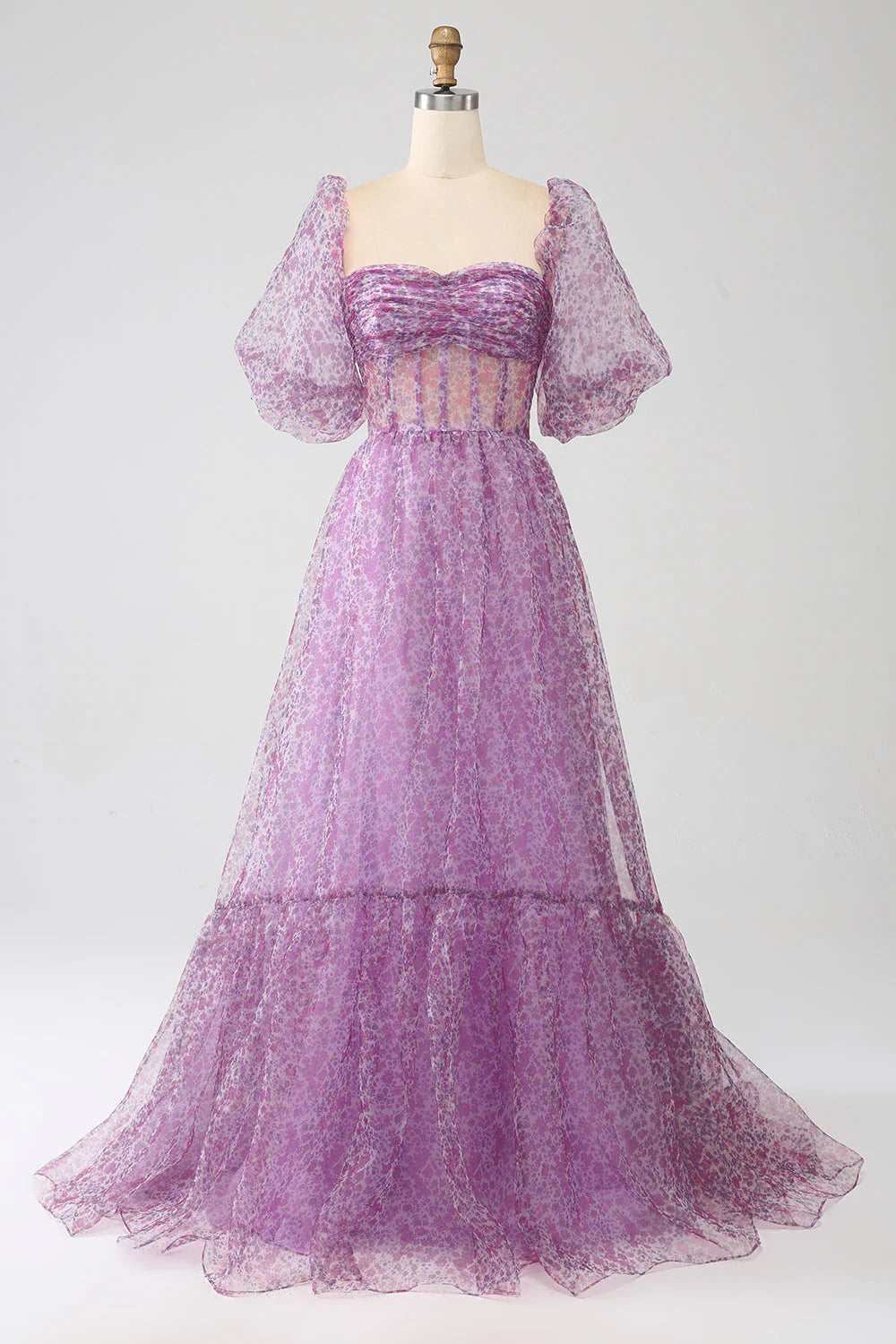 Robe de bal trapèze violette à col carré et manches mi-longues