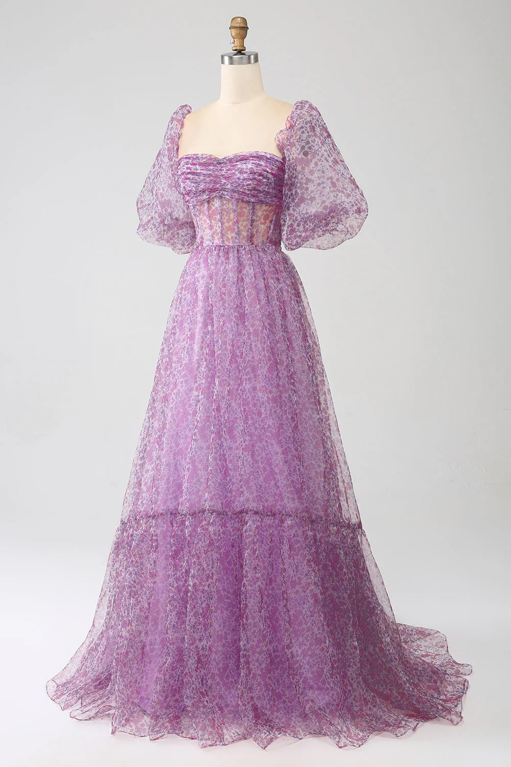 Robe de bal trapèze violette à col carré et manches mi-longues