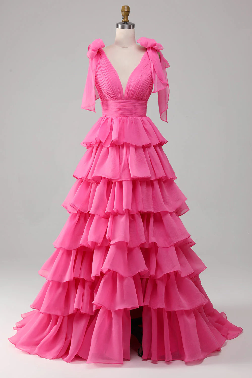 Robe de bal longue fuchsia style princesse à col en V et fente