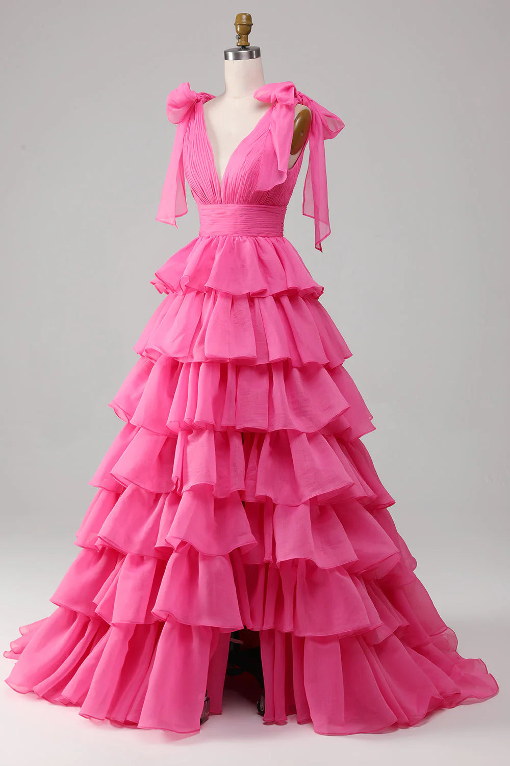 Robe de bal longue fuchsia style princesse à col en V et fente