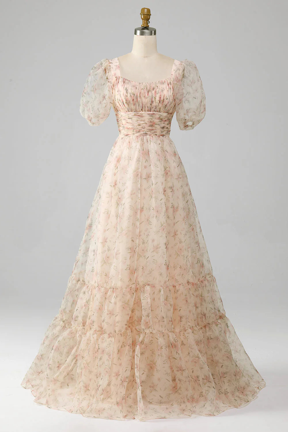 Robe de bal trapèze champagne à imprimé floral et manches bouffantes