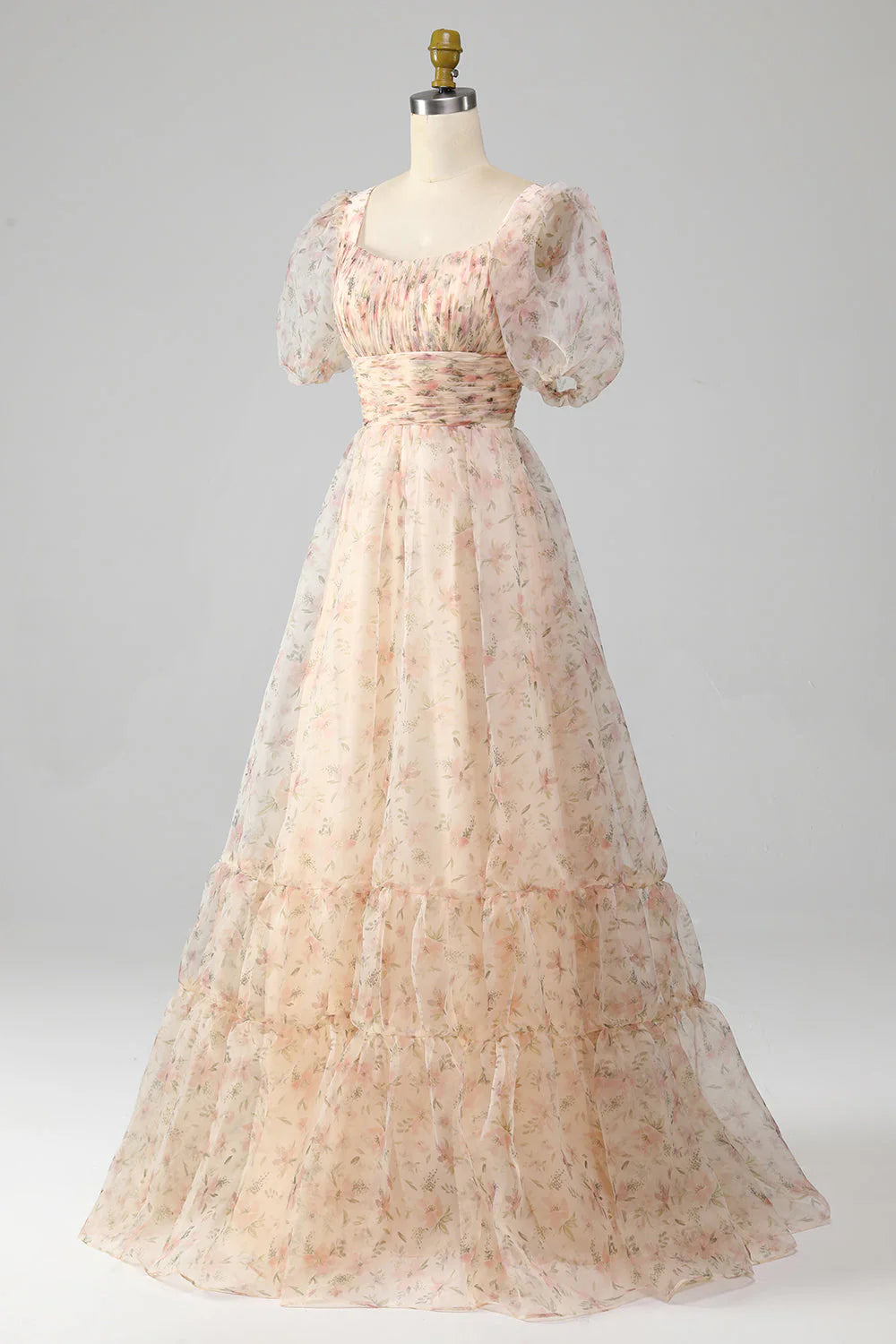 Robe de bal trapèze champagne à imprimé floral et manches bouffantes