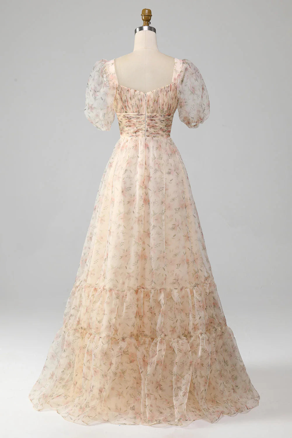 Robe de bal trapèze champagne à imprimé floral et manches bouffantes
