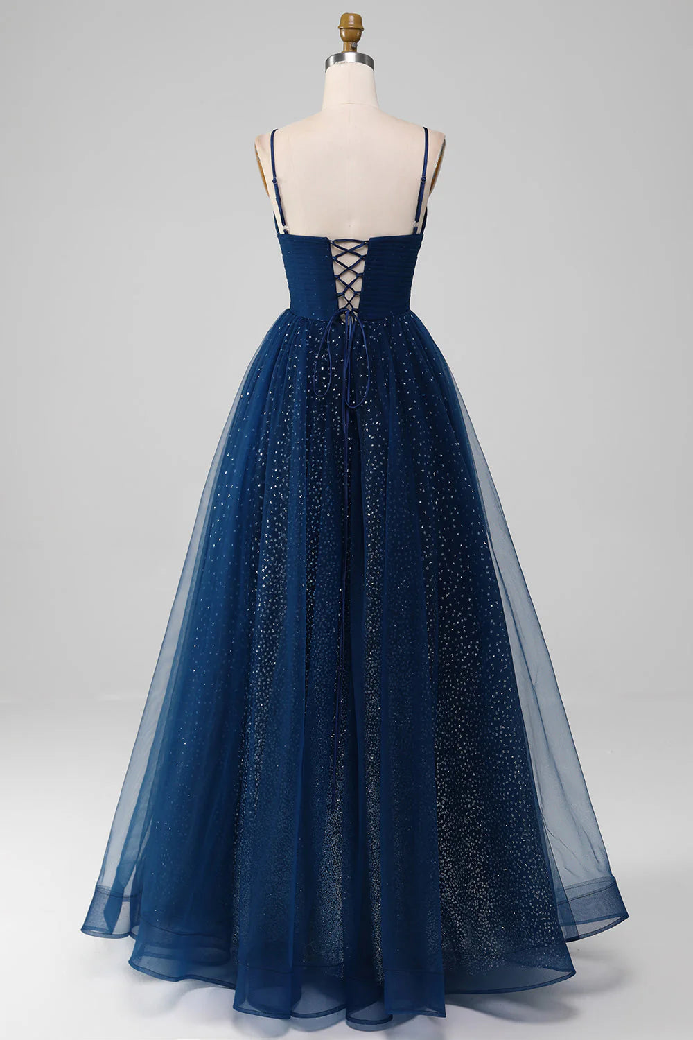 Ball-Gown Spaghetti Straps V-Neck Long Beaded Tulle Navy Prom Dresses