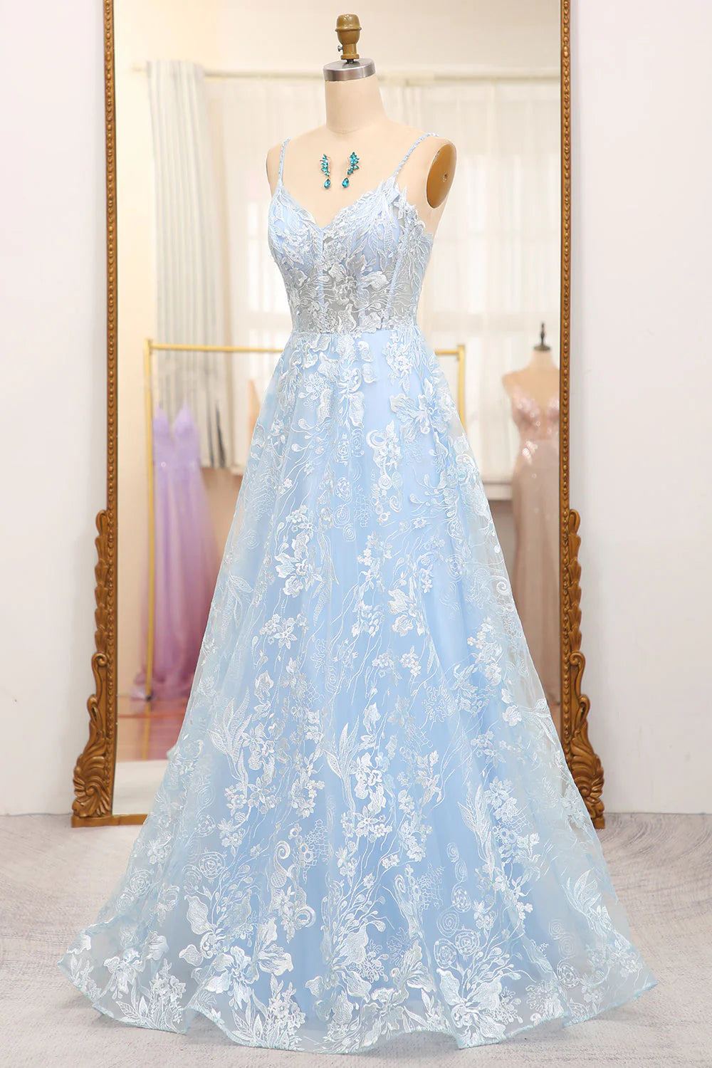 A Line Spaghetti Straps V Neck Tulle Long Corset  Sky Blue Prom Dress With Appliques