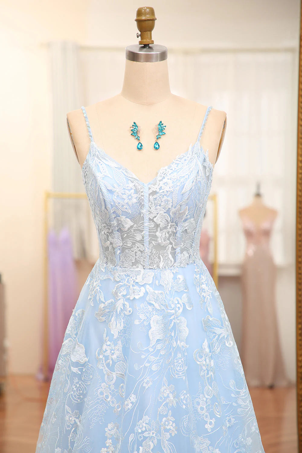 A Line Spaghetti Straps V Neck Tulle Long Corset  Sky Blue Prom Dress With Appliques