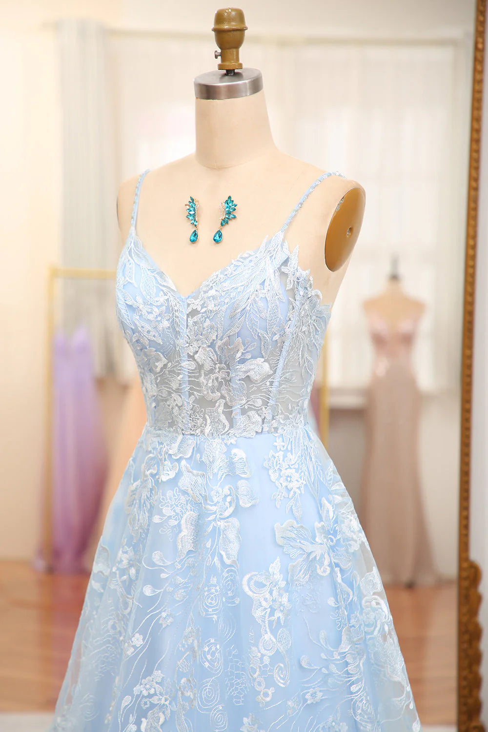 A Line Spaghetti Straps V Neck Tulle Long Corset  Sky Blue Prom Dress With Appliques