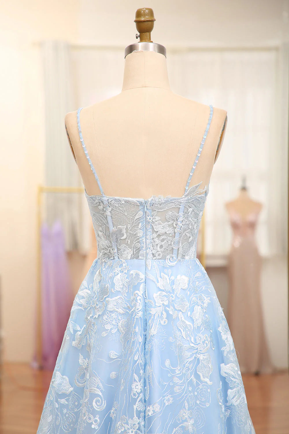 A Line Spaghetti Straps V Neck Tulle Long Corset  Sky Blue Prom Dress With Appliques