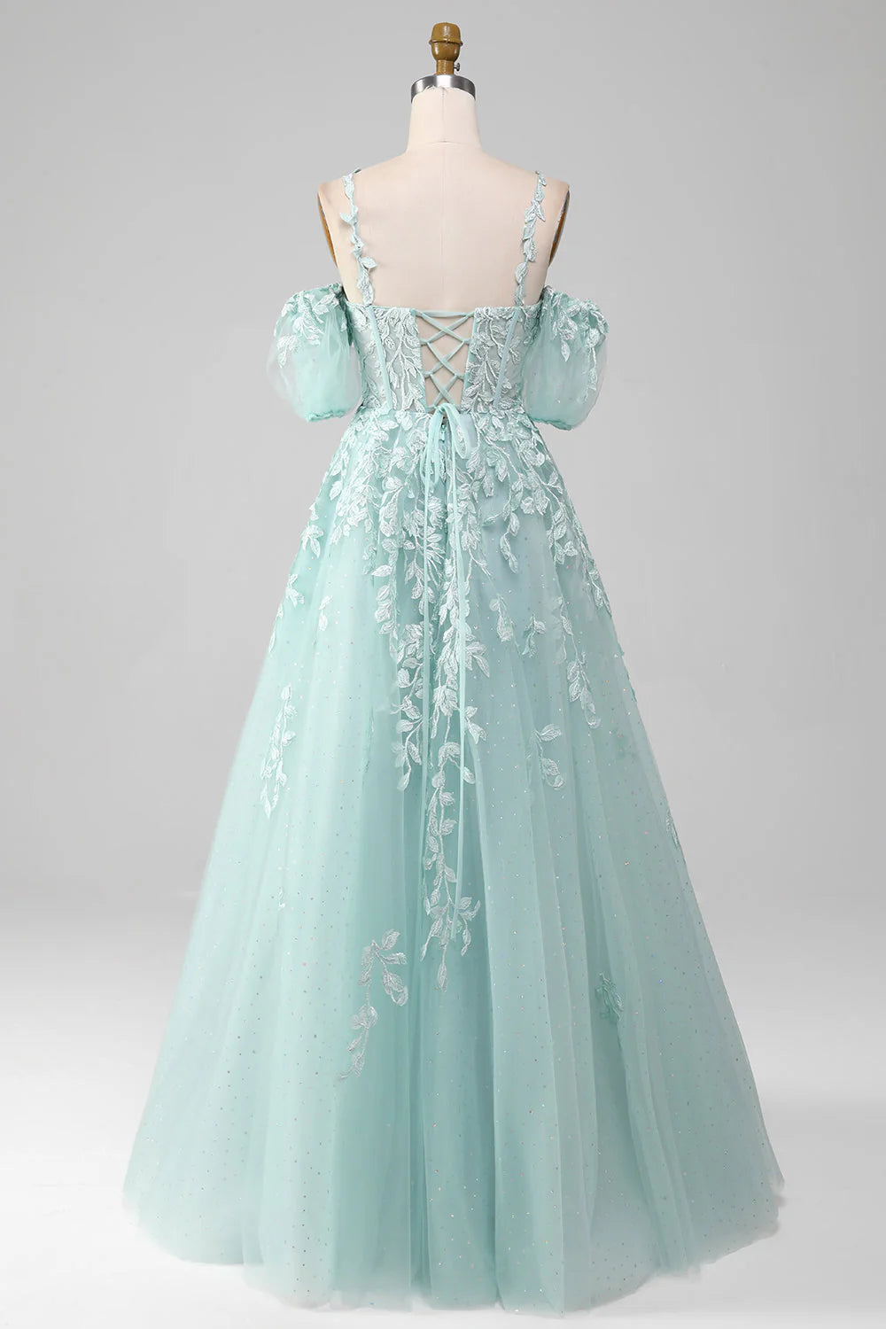 Mint Ball-Gown Off The Shoulder Beaded Prom Dresses With Appliques